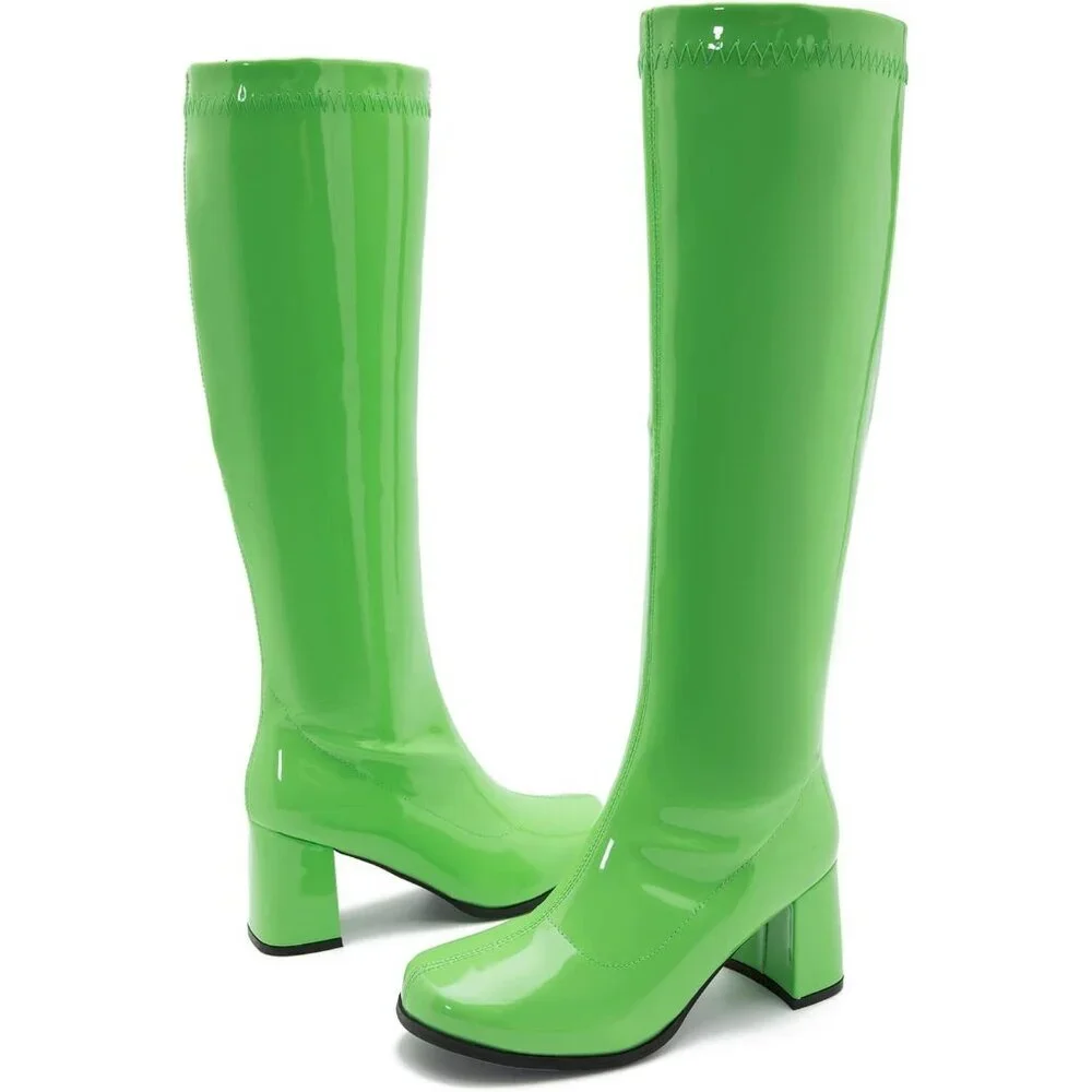 Women's Green Gogo Boots Knee High Block Heel Square Toe 60s 70s Disco Costume - Picture 7 of 7